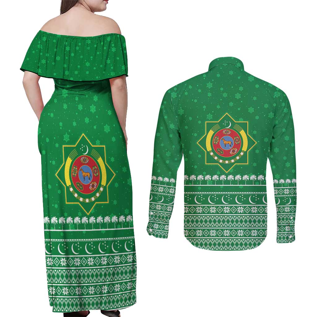 Turkmenistan Christmas Couples Matching Off Shoulder Maxi Dress and Long Sleeve Button Shirt with Traditional Santa Snowflake Crescent Moon and National Emblem - Wonder Print Shop