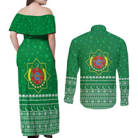 Turkmenistan Christmas Couples Matching Off Shoulder Maxi Dress and Long Sleeve Button Shirt with Traditional Santa Snowflake Crescent Moon and National Emblem - Wonder Print Shop