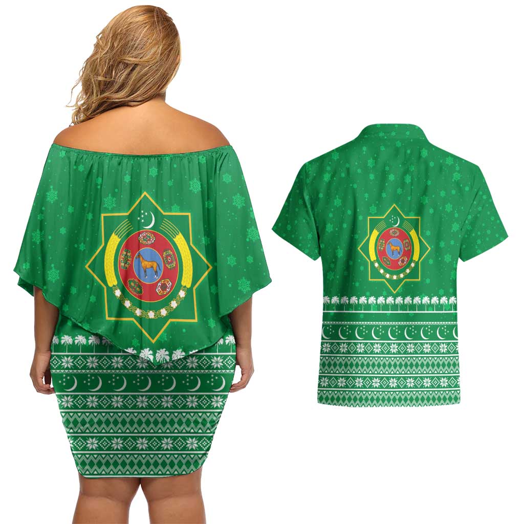 Turkmenistan Christmas Couples Matching Off Shoulder Short Dress and Hawaiian Shirt with Traditional Santa Snowflake Crescent Moon and National Emblem - Wonder Print Shop