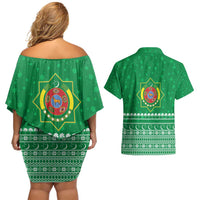 Turkmenistan Christmas Couples Matching Off Shoulder Short Dress and Hawaiian Shirt with Traditional Santa Snowflake Crescent Moon and National Emblem - Wonder Print Shop