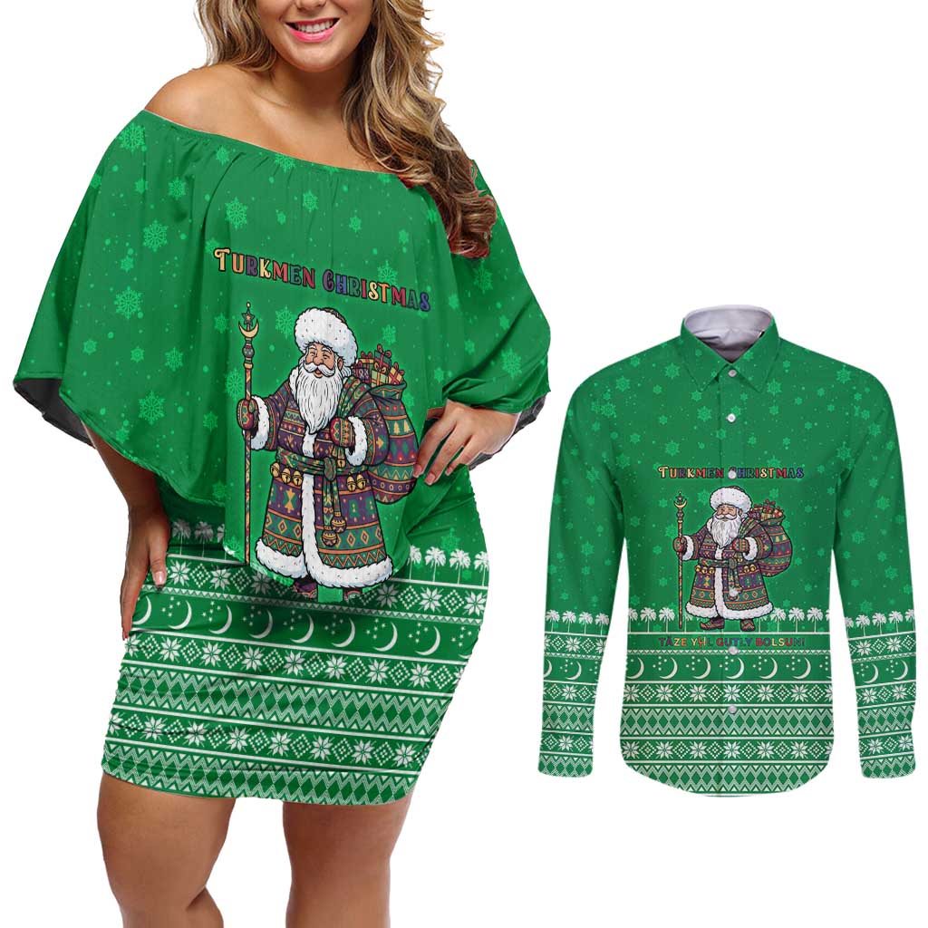 Turkmenistan Christmas Couples Matching Off Shoulder Short Dress and Long Sleeve Button Shirt with Traditional Santa Snowflake Crescent Moon and National Emblem - Wonder Print Shop