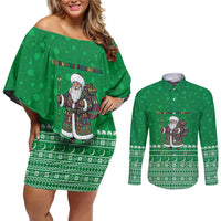 Turkmenistan Christmas Couples Matching Off Shoulder Short Dress and Long Sleeve Button Shirt with Traditional Santa Snowflake Crescent Moon and National Emblem - Wonder Print Shop