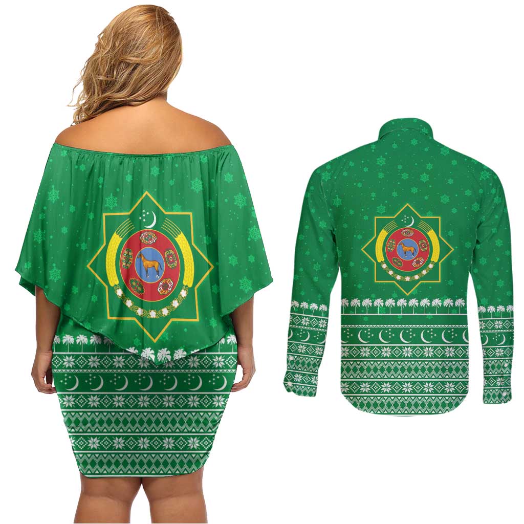 Turkmenistan Christmas Couples Matching Off Shoulder Short Dress and Long Sleeve Button Shirt with Traditional Santa Snowflake Crescent Moon and National Emblem - Wonder Print Shop