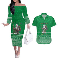 Turkmenistan Christmas Couples Matching Off The Shoulder Long Sleeve Dress and Hawaiian Shirt with Traditional Santa Snowflake Crescent Moon and National Emblem - Wonder Print Shop