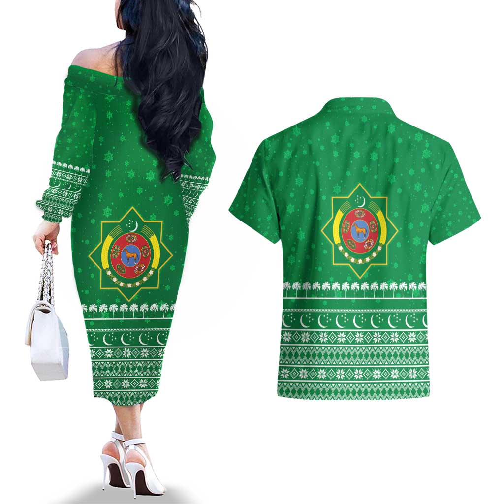 Turkmenistan Christmas Couples Matching Off The Shoulder Long Sleeve Dress and Hawaiian Shirt with Traditional Santa Snowflake Crescent Moon and National Emblem - Wonder Print Shop