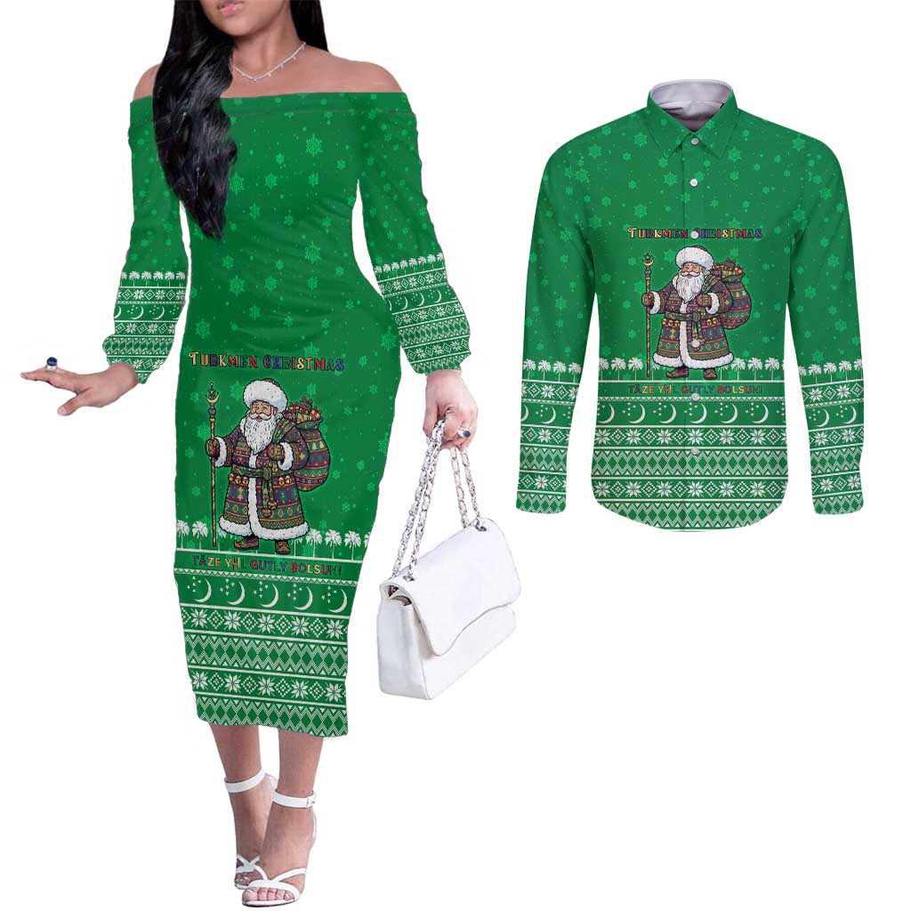 Turkmenistan Christmas Couples Matching Off The Shoulder Long Sleeve Dress and Long Sleeve Button Shirt with Traditional Santa Snowflake Crescent Moon and National Emblem - Wonder Print Shop