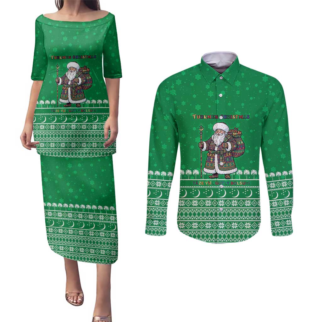 Turkmenistan Christmas Couples Matching Puletasi and Long Sleeve Button Shirt with Traditional Santa Snowflake Crescent Moon and National Emblem - Wonder Print Shop