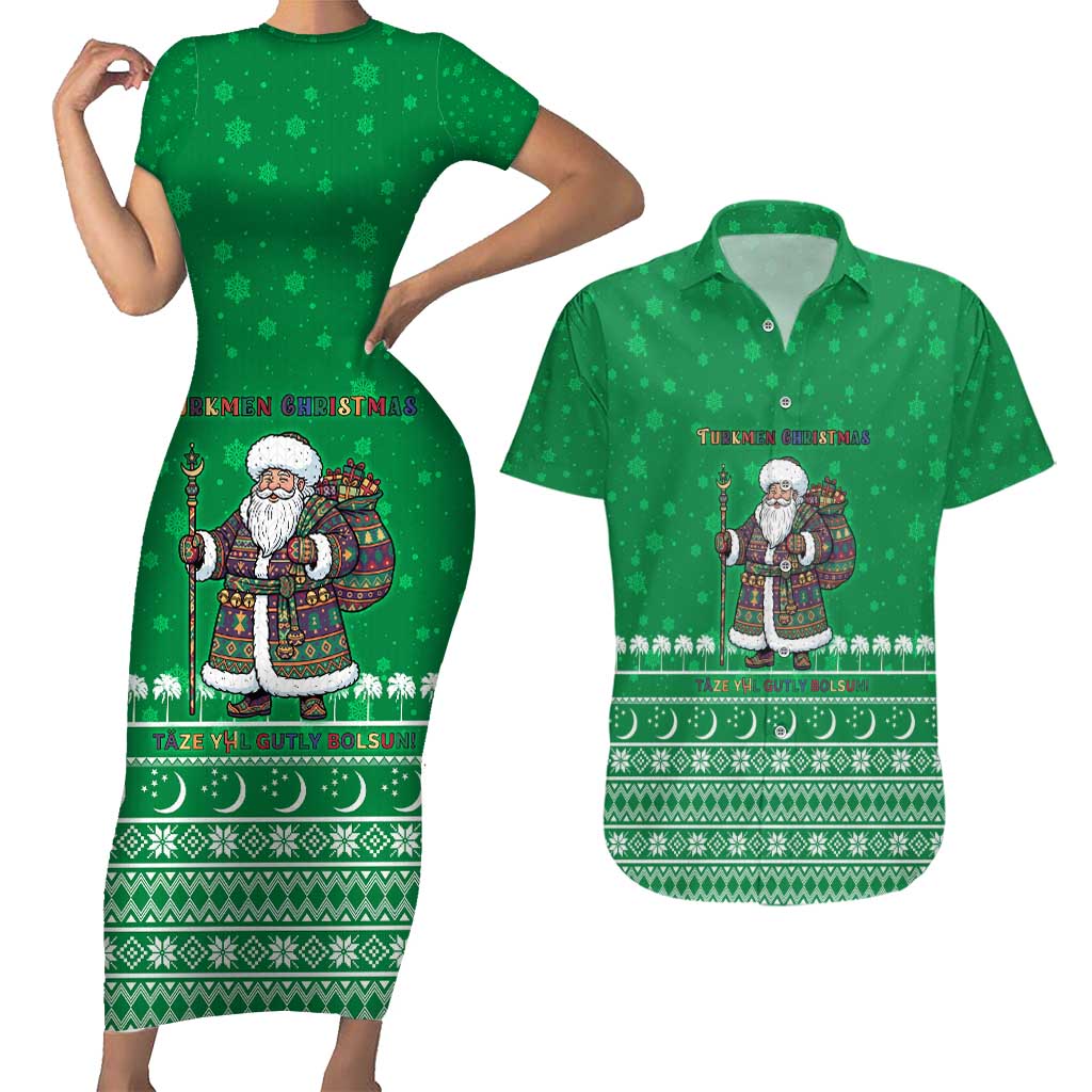 Turkmenistan Christmas Couples Matching Short Sleeve Bodycon Dress and Hawaiian Shirt with Traditional Santa Snowflake Crescent Moon and National Emblem - Wonder Print Shop
