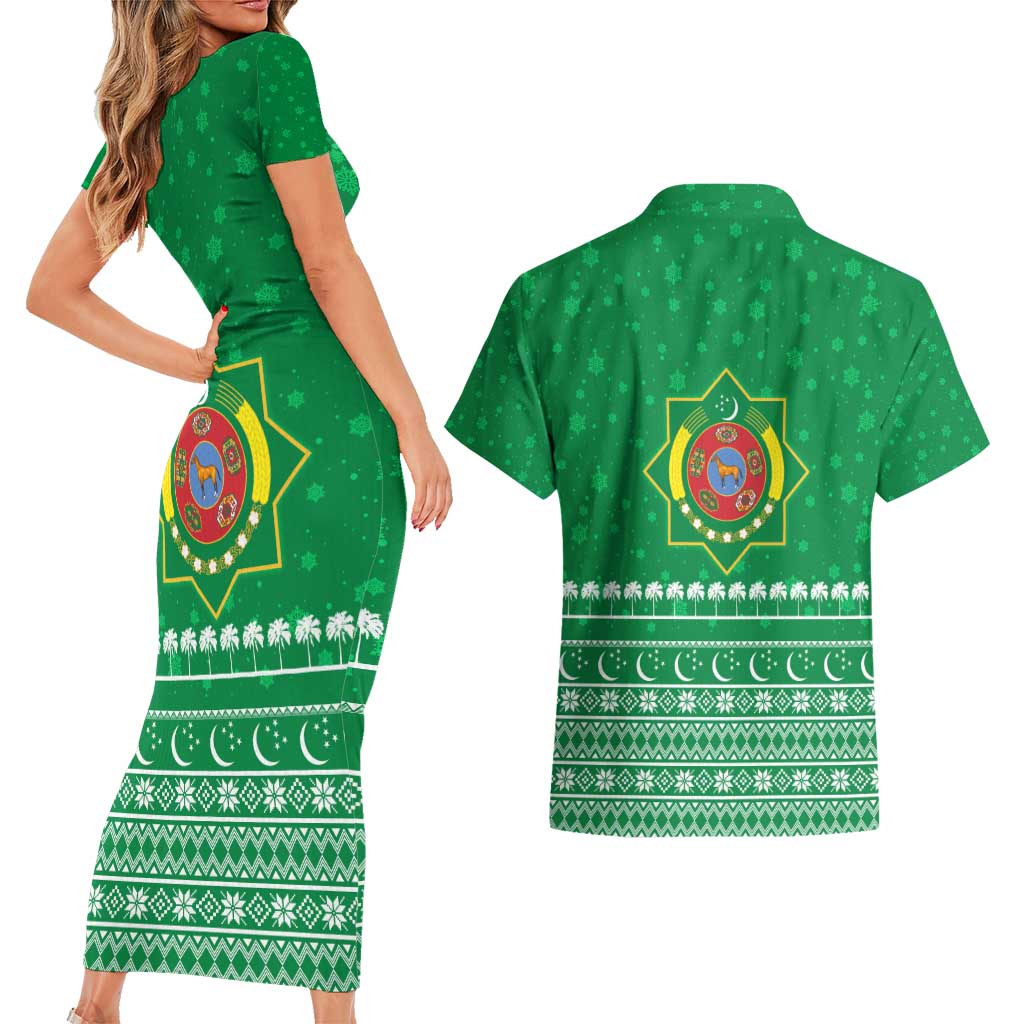 Turkmenistan Christmas Couples Matching Short Sleeve Bodycon Dress and Hawaiian Shirt with Traditional Santa Snowflake Crescent Moon and National Emblem - Wonder Print Shop