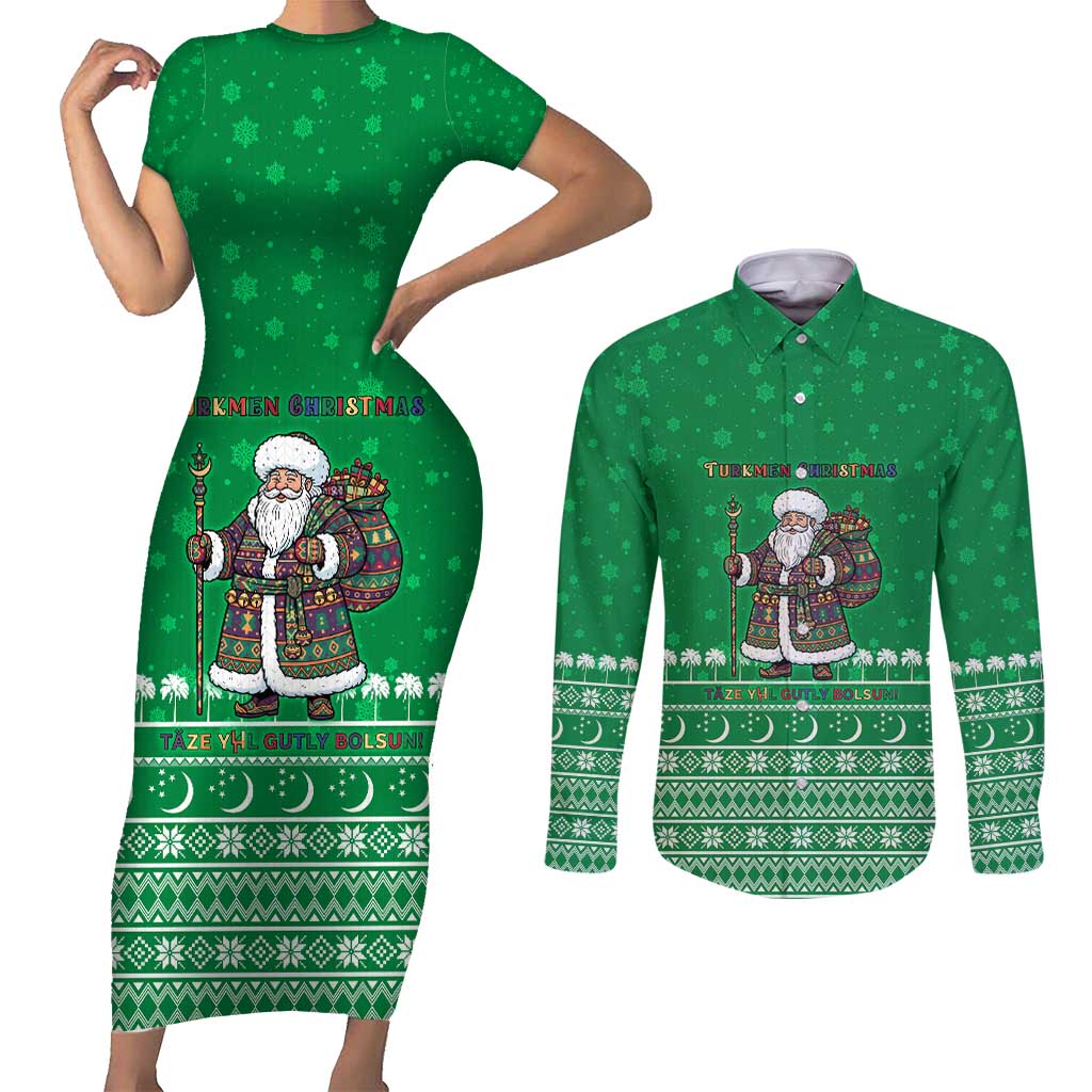 Turkmenistan Christmas Couples Matching Short Sleeve Bodycon Dress and Long Sleeve Button Shirt with Traditional Santa Snowflake Crescent Moon and National Emblem - Wonder Print Shop