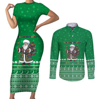 Turkmenistan Christmas Couples Matching Short Sleeve Bodycon Dress and Long Sleeve Button Shirt with Traditional Santa Snowflake Crescent Moon and National Emblem - Wonder Print Shop