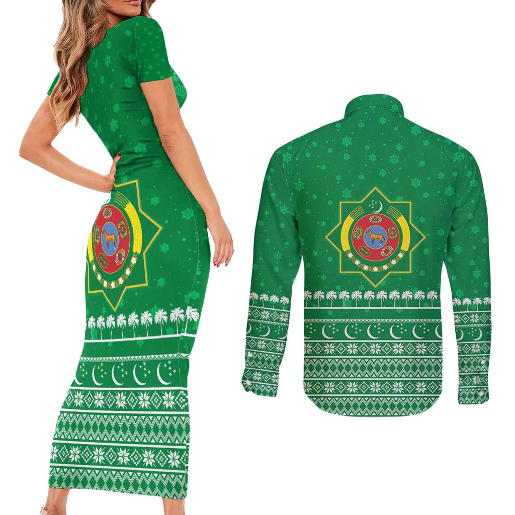 Turkmenistan Christmas Couples Matching Short Sleeve Bodycon Dress and Long Sleeve Button Shirt with Traditional Santa Snowflake Crescent Moon and National Emblem - Wonder Print Shop