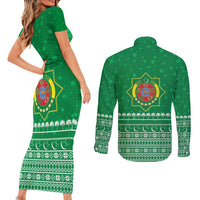 Turkmenistan Christmas Couples Matching Short Sleeve Bodycon Dress and Long Sleeve Button Shirt with Traditional Santa Snowflake Crescent Moon and National Emblem - Wonder Print Shop