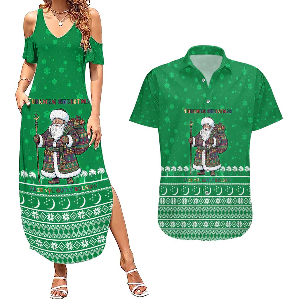Turkmenistan Christmas Couples Matching Summer Maxi Dress and Hawaiian Shirt with Traditional Santa Snowflake Crescent Moon and National Emblem - Wonder Print Shop