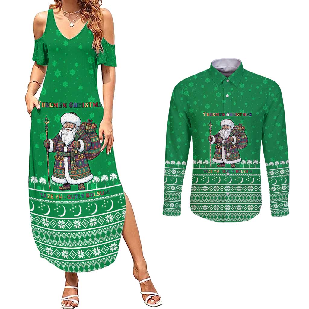 Turkmenistan Christmas Couples Matching Summer Maxi Dress and Long Sleeve Button Shirt with Traditional Santa Snowflake Crescent Moon and National Emblem - Wonder Print Shop