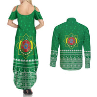 Turkmenistan Christmas Couples Matching Summer Maxi Dress and Long Sleeve Button Shirt with Traditional Santa Snowflake Crescent Moon and National Emblem - Wonder Print Shop