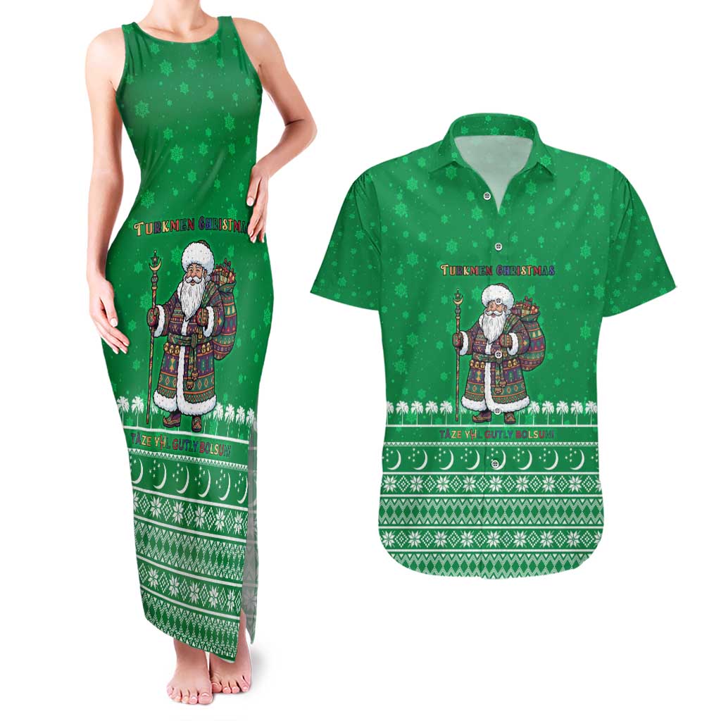 Turkmenistan Christmas Couples Matching Tank Maxi Dress and Hawaiian Shirt with Traditional Santa Snowflake Crescent Moon and National Emblem - Wonder Print Shop