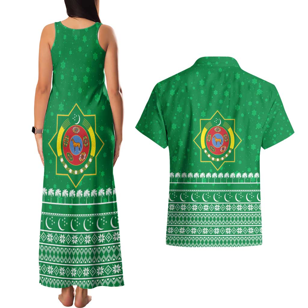 Turkmenistan Christmas Couples Matching Tank Maxi Dress and Hawaiian Shirt with Traditional Santa Snowflake Crescent Moon and National Emblem - Wonder Print Shop