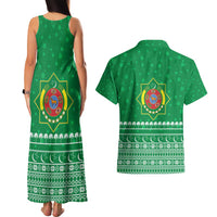 Turkmenistan Christmas Couples Matching Tank Maxi Dress and Hawaiian Shirt with Traditional Santa Snowflake Crescent Moon and National Emblem - Wonder Print Shop