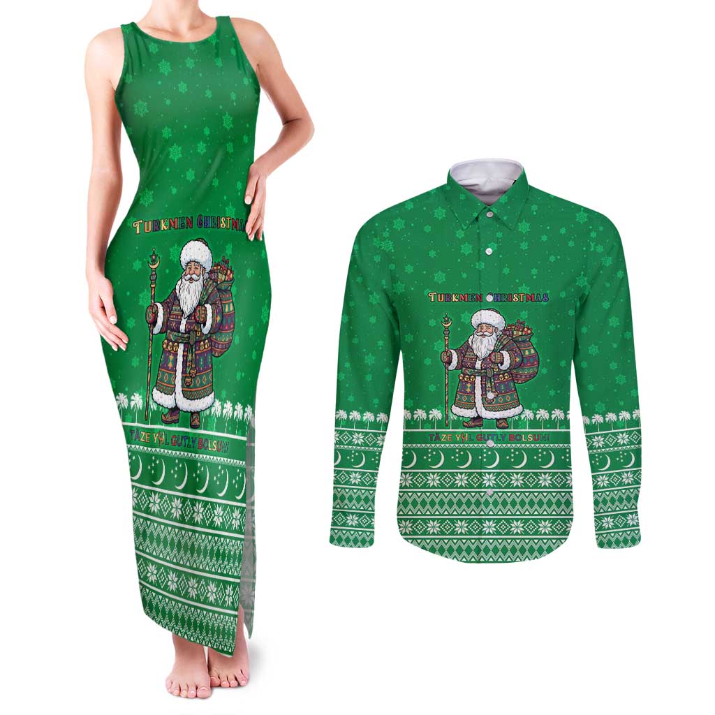Turkmenistan Christmas Couples Matching Tank Maxi Dress and Long Sleeve Button Shirt with Traditional Santa Snowflake Crescent Moon and National Emblem - Wonder Print Shop