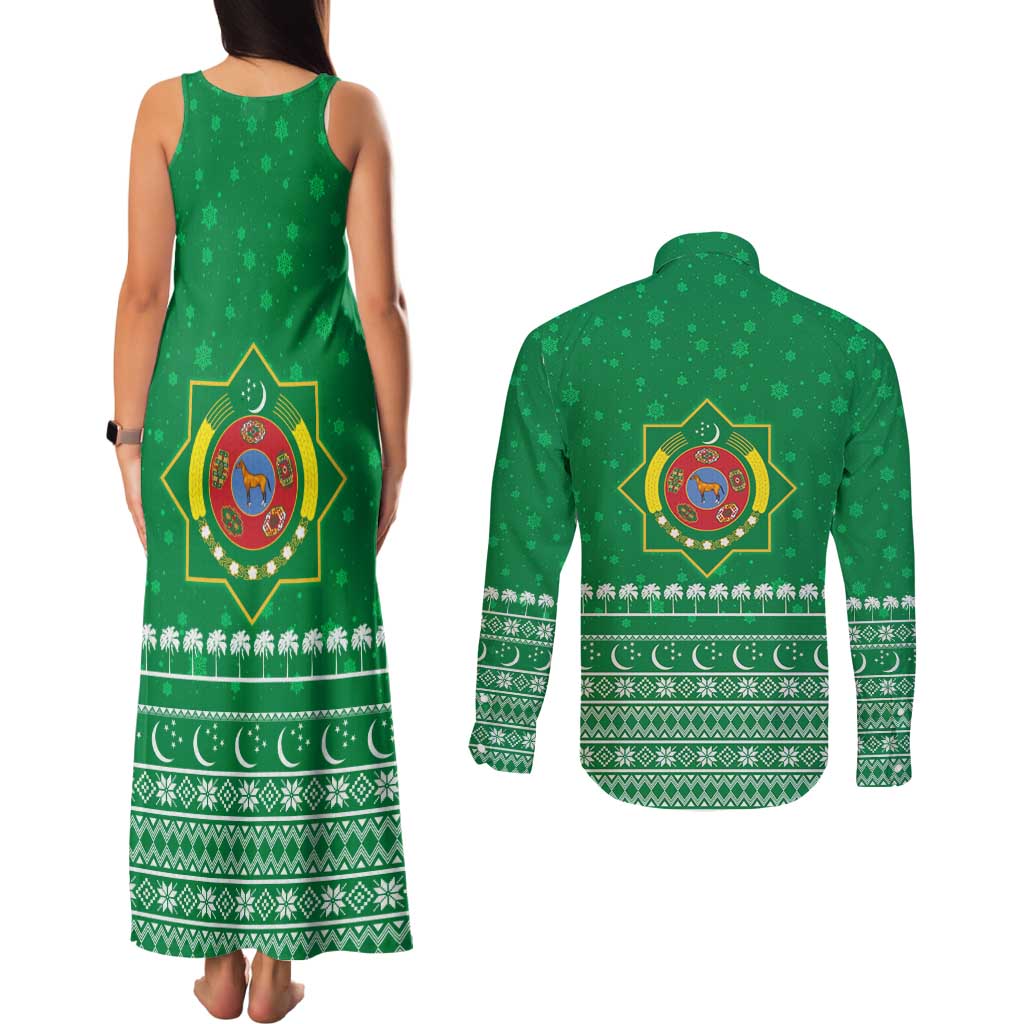 Turkmenistan Christmas Couples Matching Tank Maxi Dress and Long Sleeve Button Shirt with Traditional Santa Snowflake Crescent Moon and National Emblem - Wonder Print Shop
