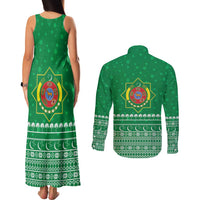 Turkmenistan Christmas Couples Matching Tank Maxi Dress and Long Sleeve Button Shirt with Traditional Santa Snowflake Crescent Moon and National Emblem - Wonder Print Shop