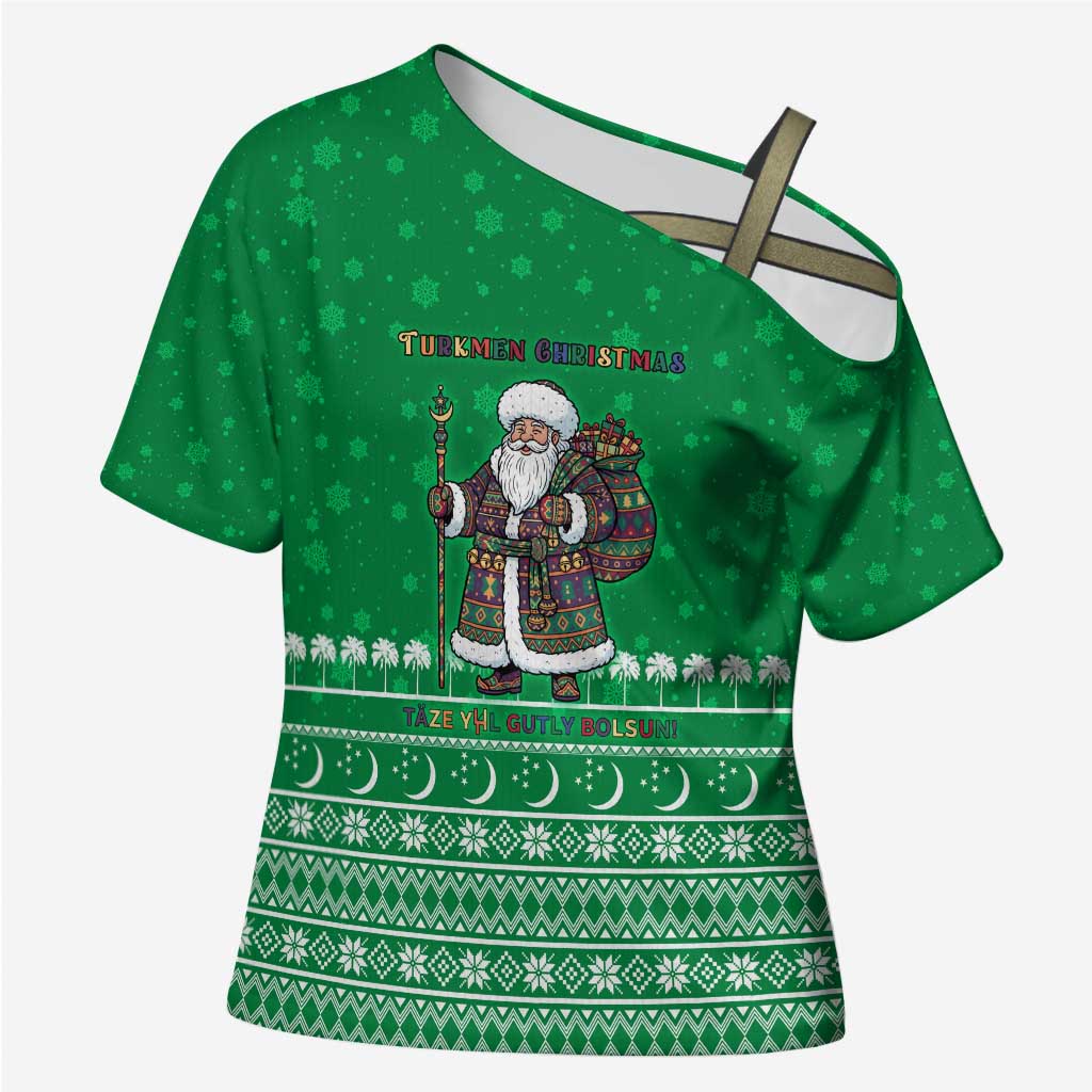 Turkmenistan Christmas Cross Shoulder Shirt with Traditional Santa Snowflake Crescent Moon and National Emblem - Wonder Print Shop