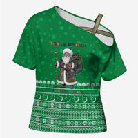 Turkmenistan Christmas Cross Shoulder Shirt with Traditional Santa Snowflake Crescent Moon and National Emblem - Wonder Print Shop