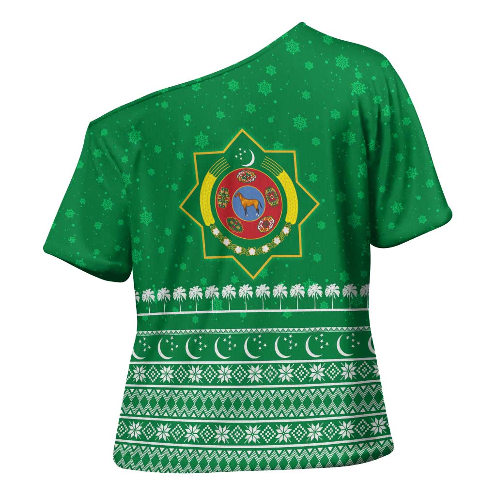 Turkmenistan Christmas Cross Shoulder Shirt with Traditional Santa Snowflake Crescent Moon and National Emblem - Wonder Print Shop