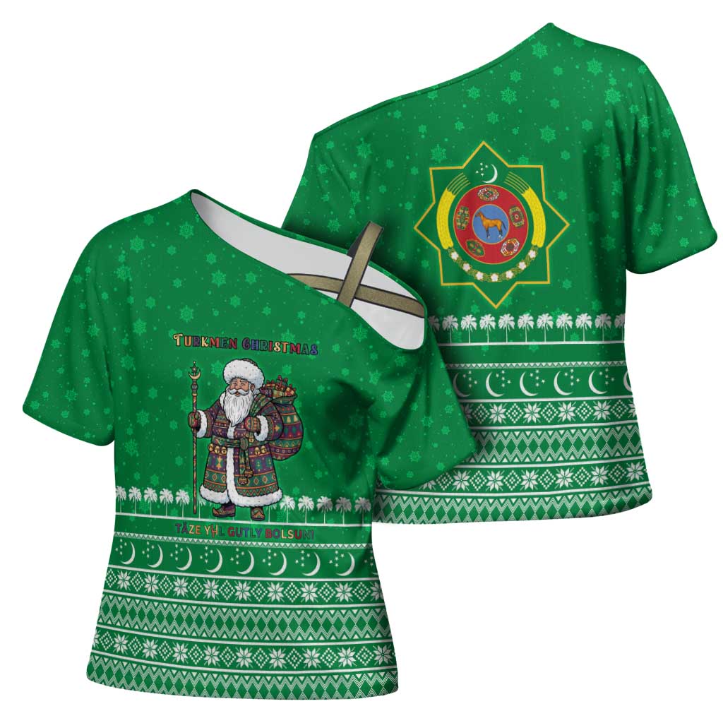 Turkmenistan Christmas Cross Shoulder Shirt with Traditional Santa Snowflake Crescent Moon and National Emblem - Wonder Print Shop
