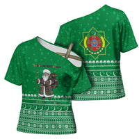 Turkmenistan Christmas Cross Shoulder Shirt with Traditional Santa Snowflake Crescent Moon and National Emblem - Wonder Print Shop