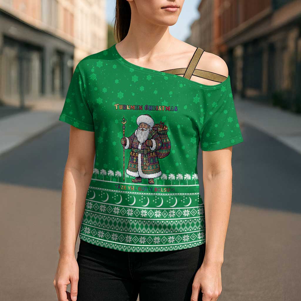 Turkmenistan Christmas Cross Shoulder Shirt with Traditional Santa Snowflake Crescent Moon and National Emblem - Wonder Print Shop