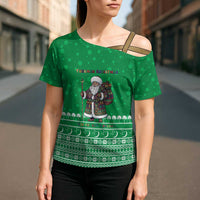 Turkmenistan Christmas Cross Shoulder Shirt with Traditional Santa Snowflake Crescent Moon and National Emblem - Wonder Print Shop
