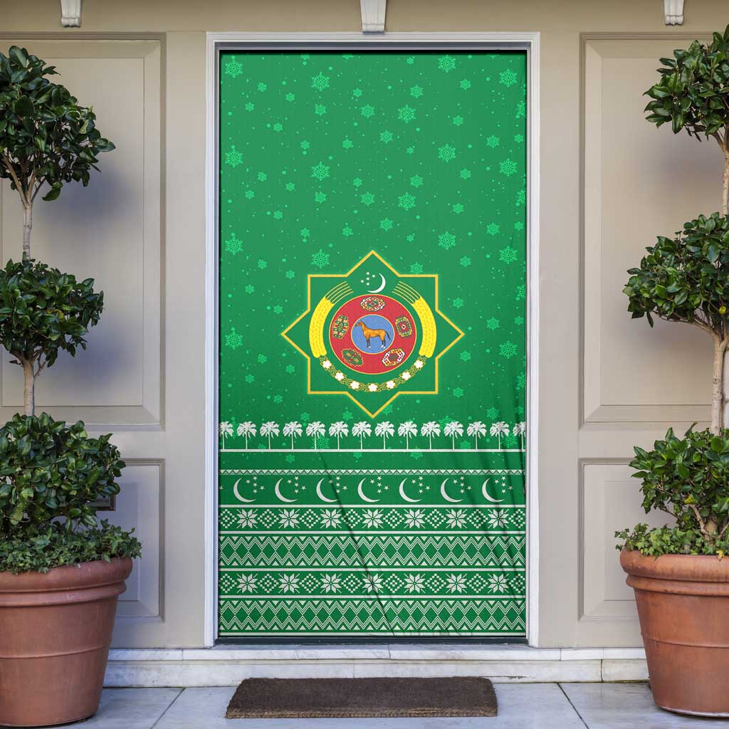 Turkmenistan Christmas Door Cover with Traditional Santa Snowflake Crescent Moon and National Emblem - Wonder Print Shop