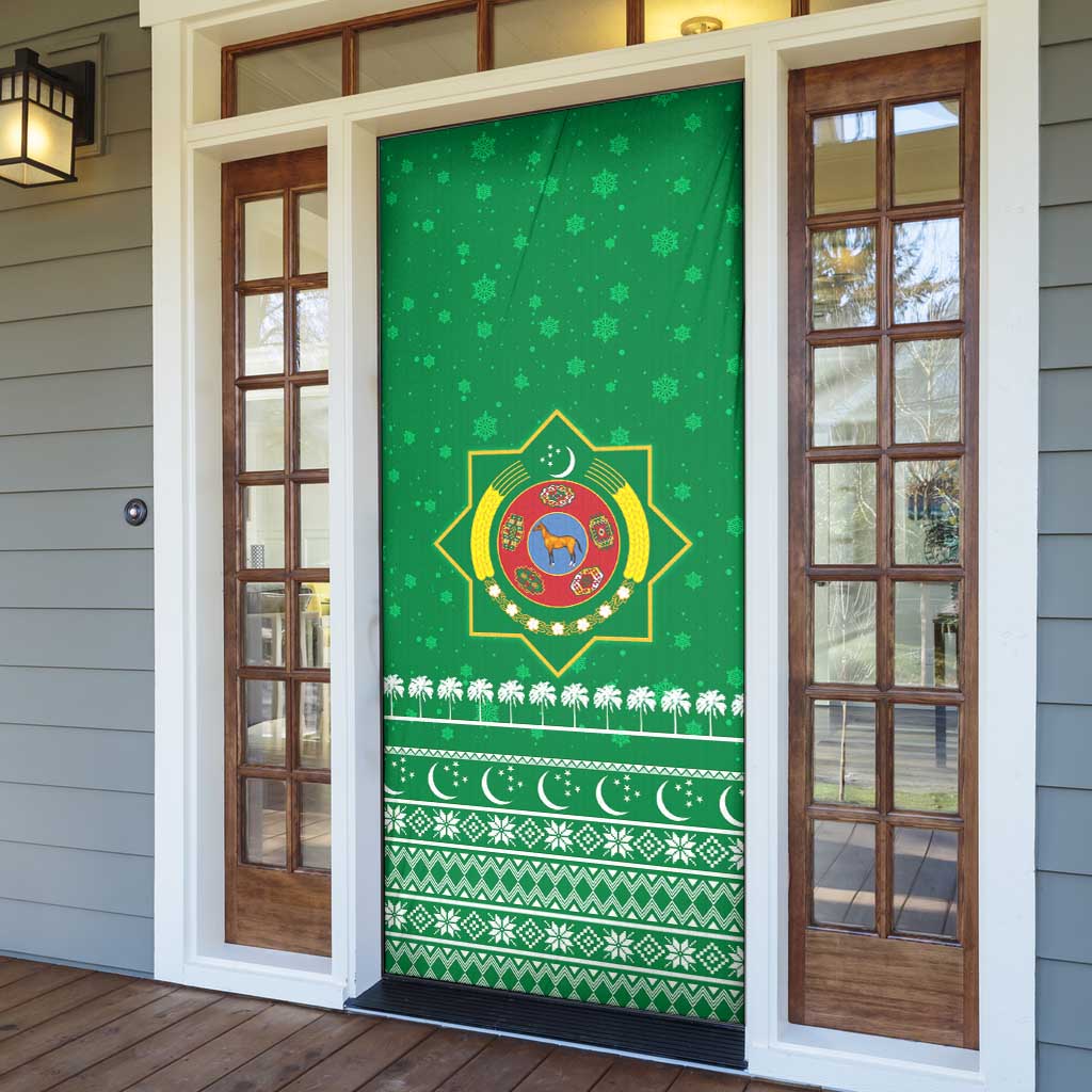 Turkmenistan Christmas Door Cover with Traditional Santa Snowflake Crescent Moon and National Emblem - Wonder Print Shop
