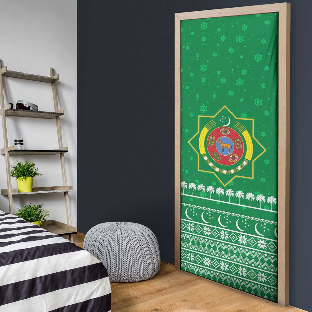 Turkmenistan Christmas Door Cover with Traditional Santa Snowflake Crescent Moon and National Emblem - Wonder Print Shop