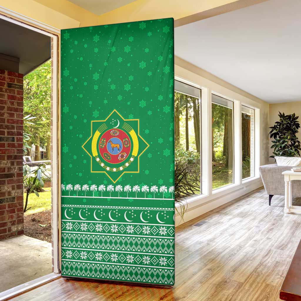 Turkmenistan Christmas Door Cover with Traditional Santa Snowflake Crescent Moon and National Emblem - Wonder Print Shop