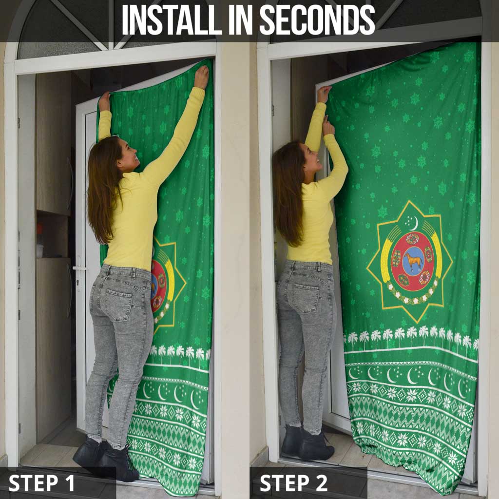 Turkmenistan Christmas Door Cover with Traditional Santa Snowflake Crescent Moon and National Emblem - Wonder Print Shop