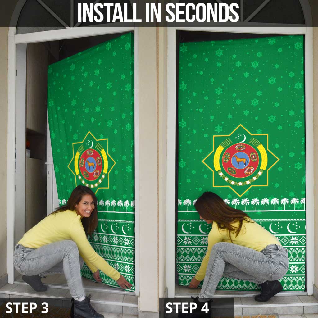 Turkmenistan Christmas Door Cover with Traditional Santa Snowflake Crescent Moon and National Emblem - Wonder Print Shop