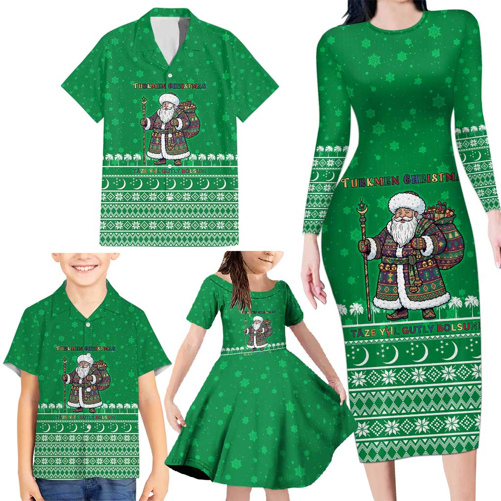 Turkmenistan Christmas Family Matching Long Sleeve Bodycon Dress and Hawaiian Shirt with Traditional Santa Snowflake Crescent Moon and National Emblem - Wonder Print Shop