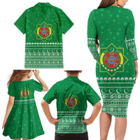 Turkmenistan Christmas Family Matching Long Sleeve Bodycon Dress and Hawaiian Shirt with Traditional Santa Snowflake Crescent Moon and National Emblem - Wonder Print Shop