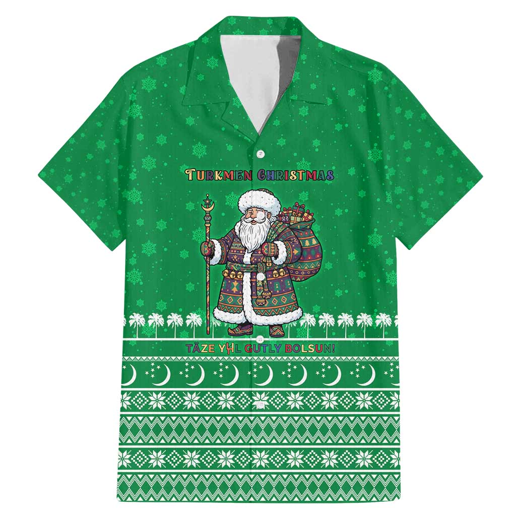 Turkmenistan Christmas Family Matching Mermaid Dress and Hawaiian Shirt with Traditional Santa Snowflake Crescent Moon and National Emblem - Wonder Print Shop