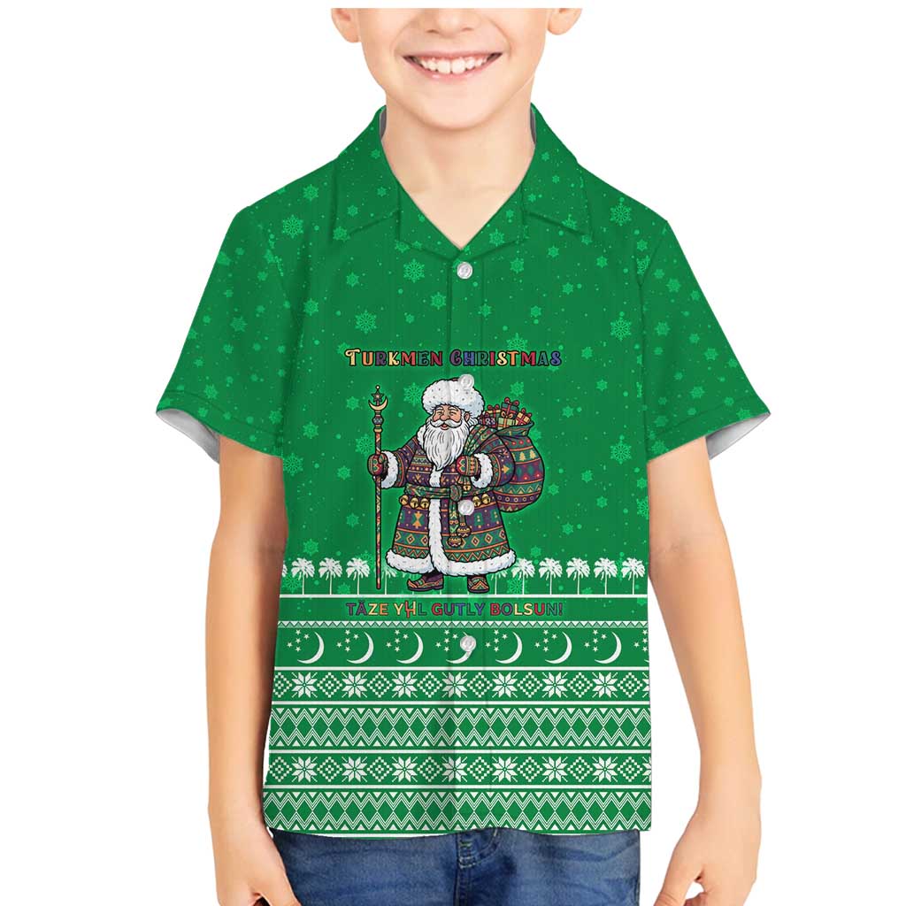Turkmenistan Christmas Family Matching Mermaid Dress and Hawaiian Shirt with Traditional Santa Snowflake Crescent Moon and National Emblem - Wonder Print Shop