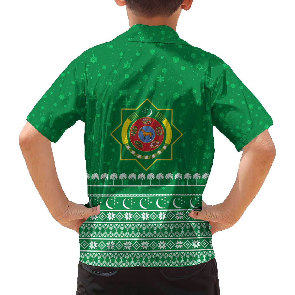 Turkmenistan Christmas Family Matching Off The Shoulder Long Sleeve Dress and Hawaiian Shirt with Traditional Santa Snowflake Crescent Moon and National Emblem - Wonder Print Shop