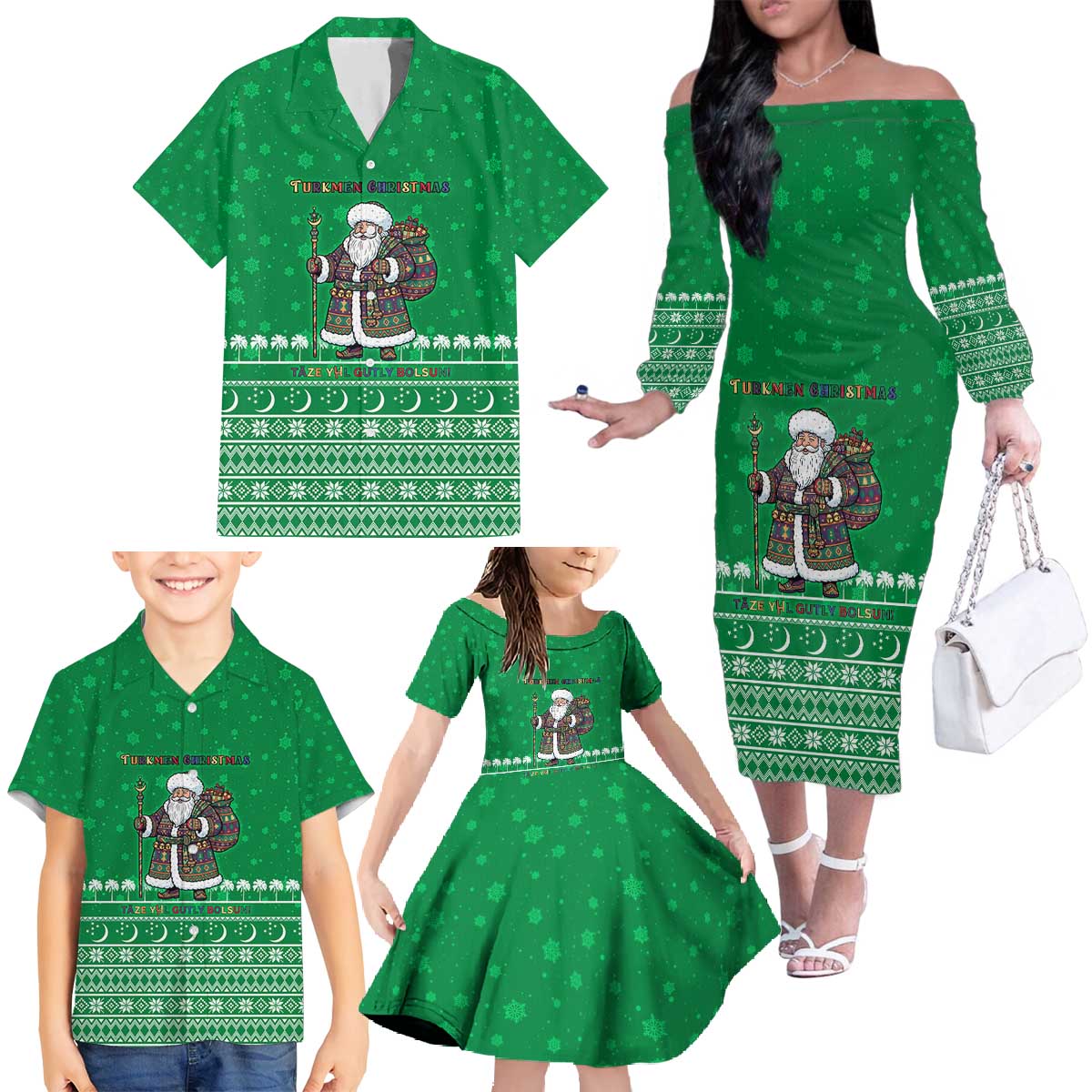 Turkmenistan Christmas Family Matching Off The Shoulder Long Sleeve Dress and Hawaiian Shirt with Traditional Santa Snowflake Crescent Moon and National Emblem - Wonder Print Shop