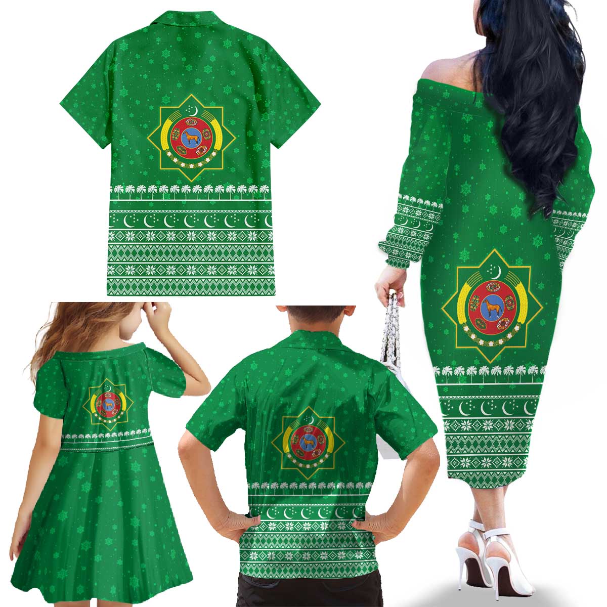 Turkmenistan Christmas Family Matching Off The Shoulder Long Sleeve Dress and Hawaiian Shirt with Traditional Santa Snowflake Crescent Moon and National Emblem - Wonder Print Shop