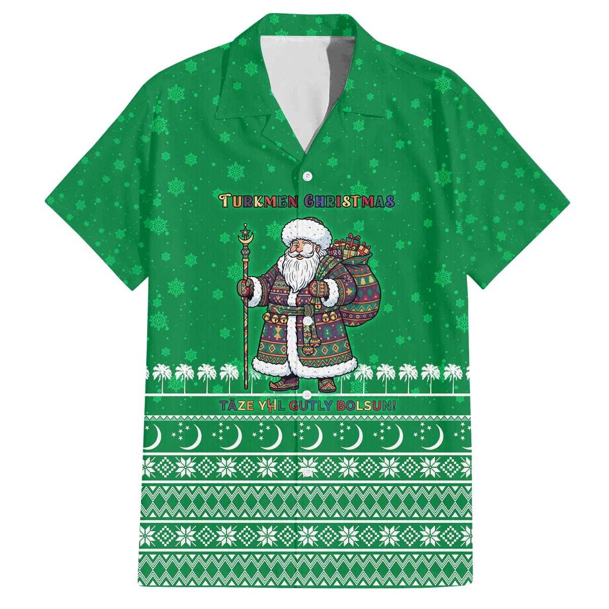 Turkmenistan Christmas Family Matching Off The Shoulder Long Sleeve Dress and Hawaiian Shirt with Traditional Santa Snowflake Crescent Moon and National Emblem - Wonder Print Shop