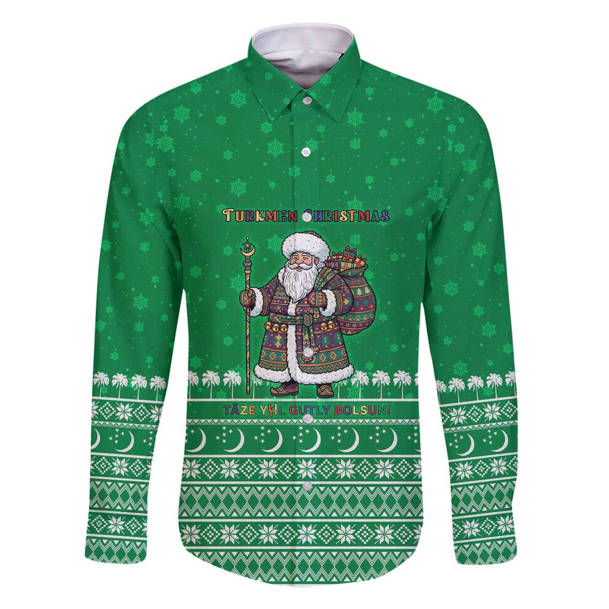 Turkmenistan Christmas Family Matching Off The Shoulder Long Sleeve Dress and Hawaiian Shirt with Traditional Santa Snowflake Crescent Moon and National Emblem - Wonder Print Shop