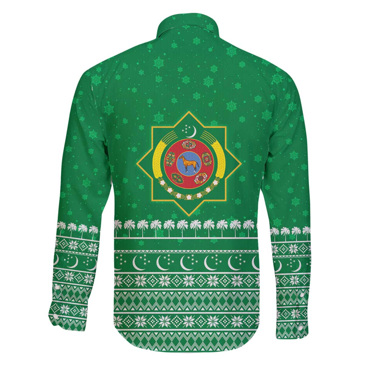 Turkmenistan Christmas Family Matching Off The Shoulder Long Sleeve Dress and Hawaiian Shirt with Traditional Santa Snowflake Crescent Moon and National Emblem - Wonder Print Shop