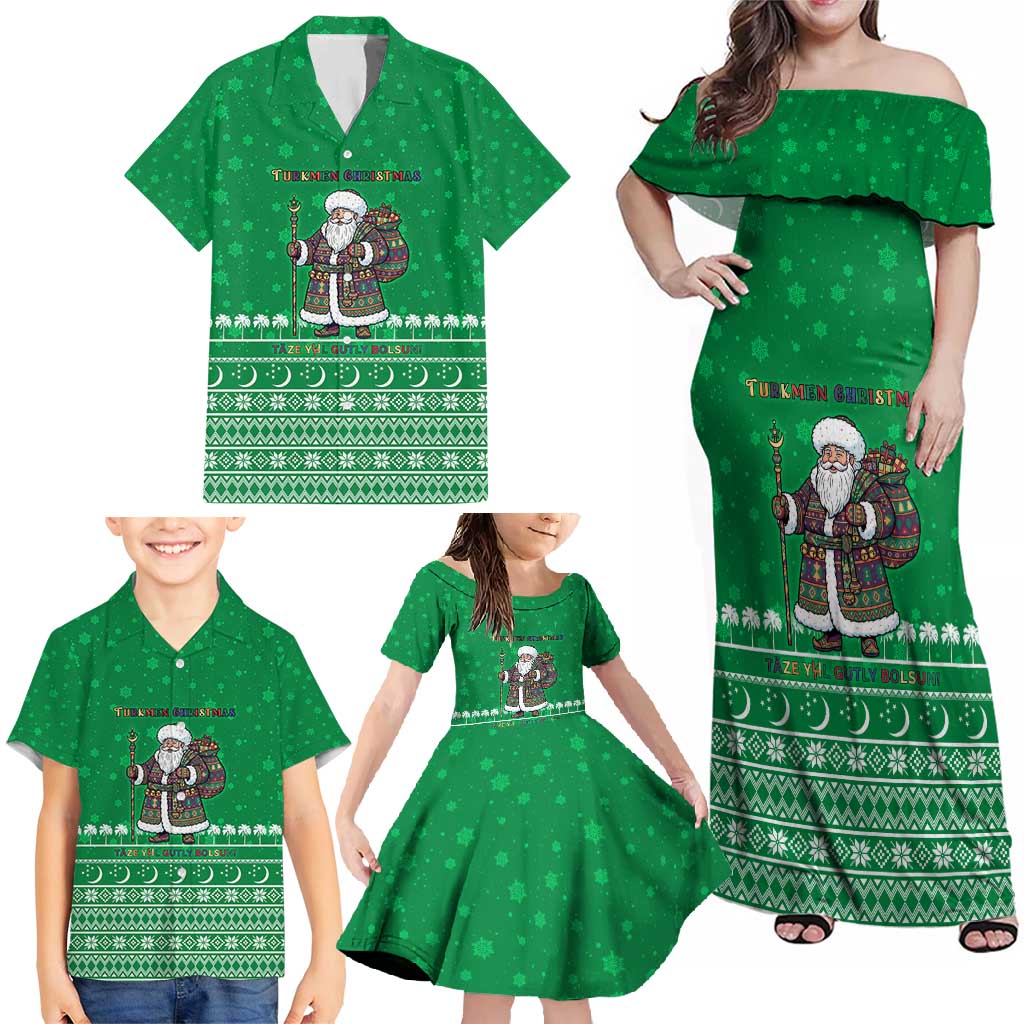 Turkmenistan Christmas Family Matching Off Shoulder Maxi Dress and Hawaiian Shirt with Traditional Santa Snowflake Crescent Moon and National Emblem - Wonder Print Shop